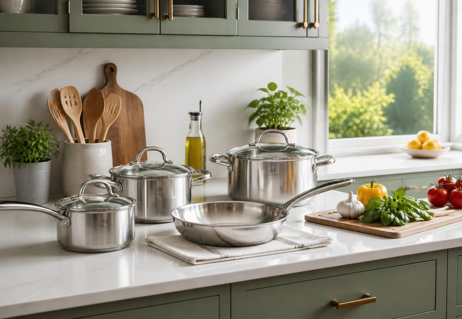Bright kitchen worktop with cookware, wooden utensils and fresh food preparation